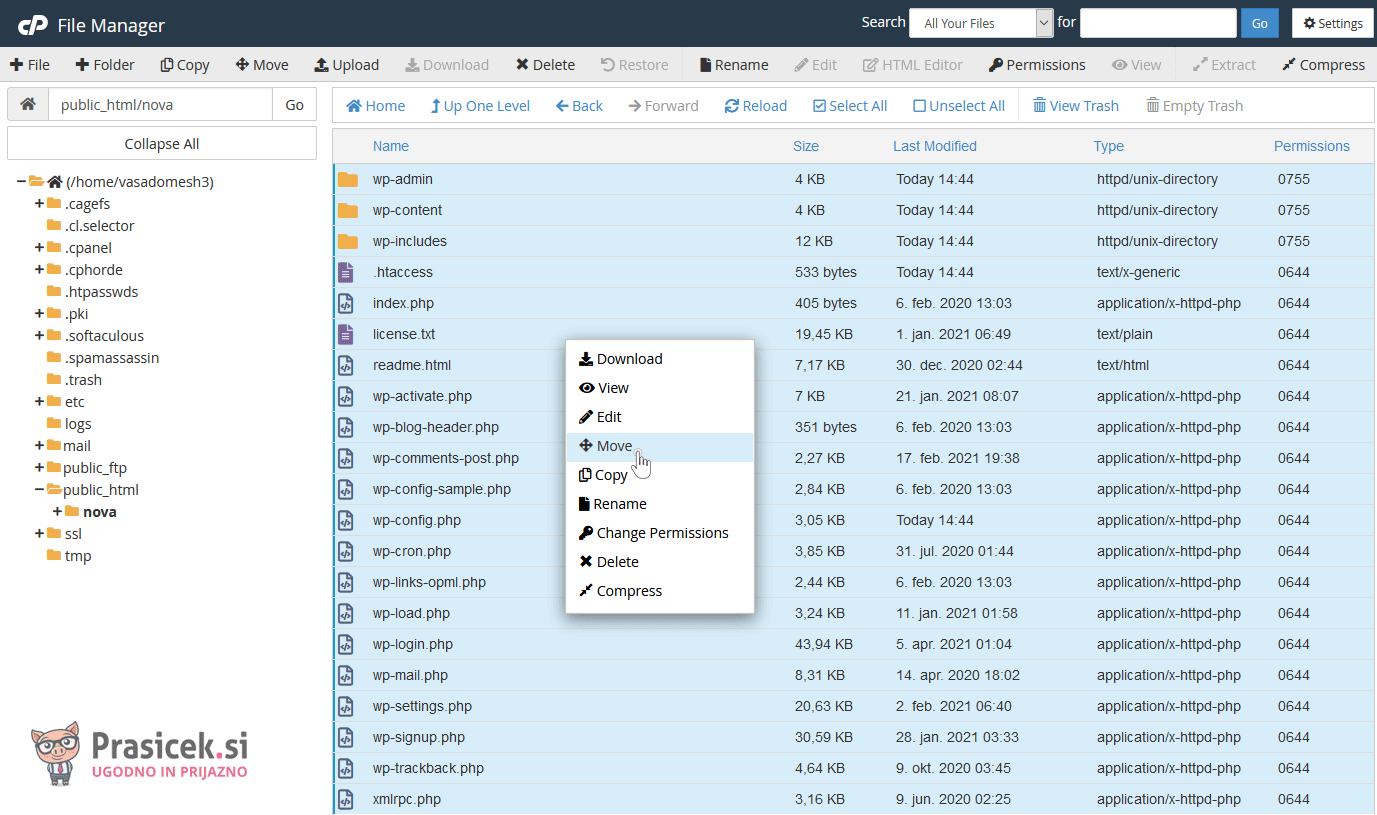 cPanel - File Manager - Premik datotek in map