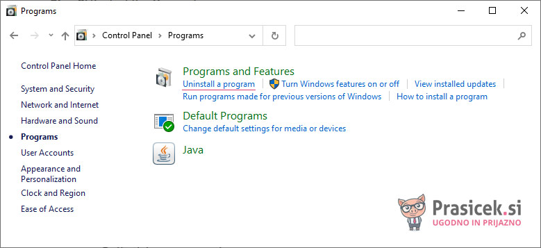 Odstranitev programa v Windows 10